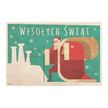 Drewniana kartka / magnes / plakat - Św. Mikołaj na dachu