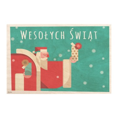 Drewniana kartka / magnes / plakat - Św. Mikołaj z prezentem