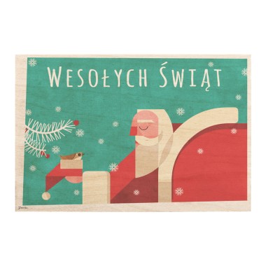 Drewniana kartka / magnes / plakat - Św. Mikołaj i ptaszek