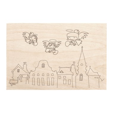 Drewniana kartka / magnes / plakat - Aniołki nad miastem kolorowanka