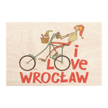 Drewniana kartka / magnes / plakat - Krasnal na rowerze I love Wocław