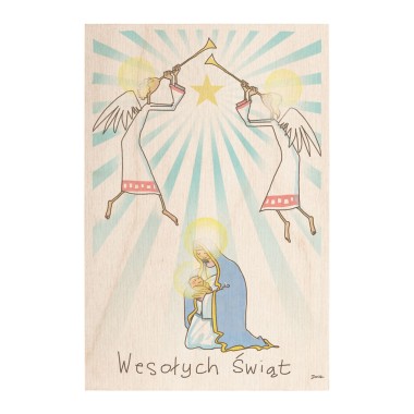 Drewniana kartka / magnes / plakat - Matka Boska z Aniołami