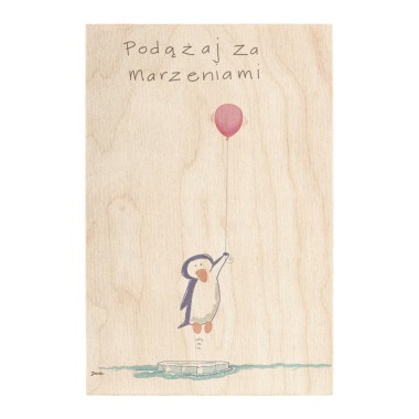 Drewniana kartka / magnes / plakat - Pingwin z balonem